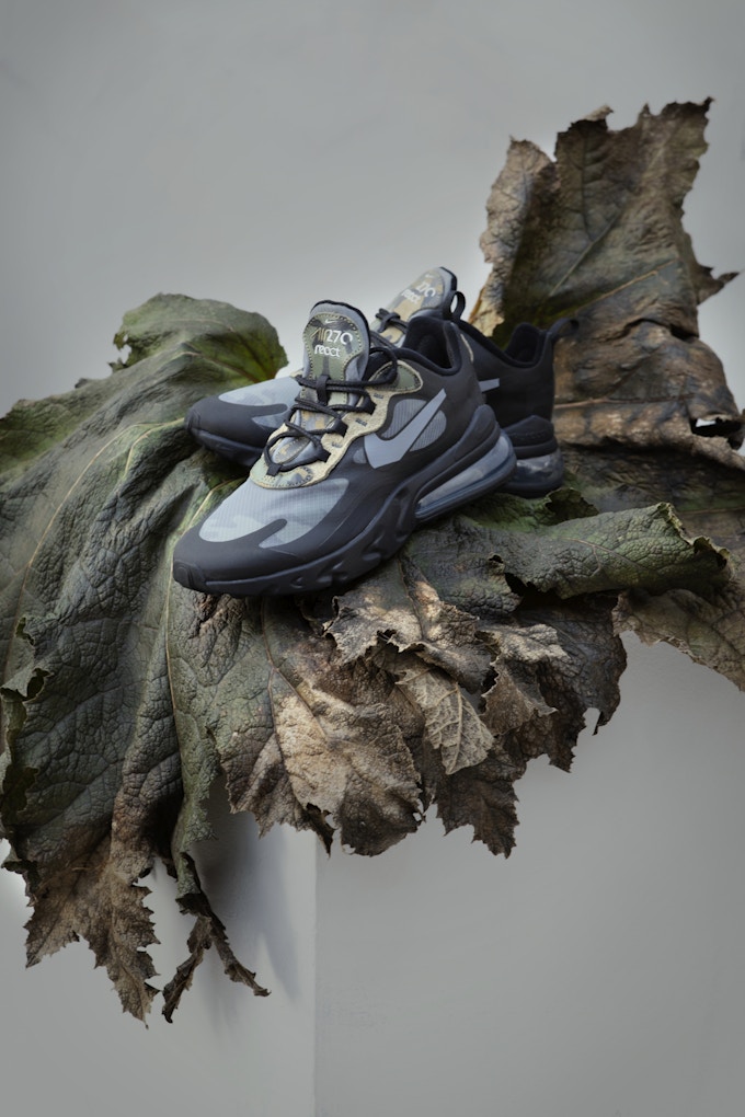 A pair of Nike trainers on a large decomposing leaf